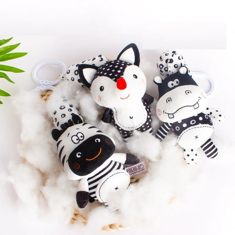 Soft Plush rattle That Hangs from Car Seat & Travel Stroller Black And White